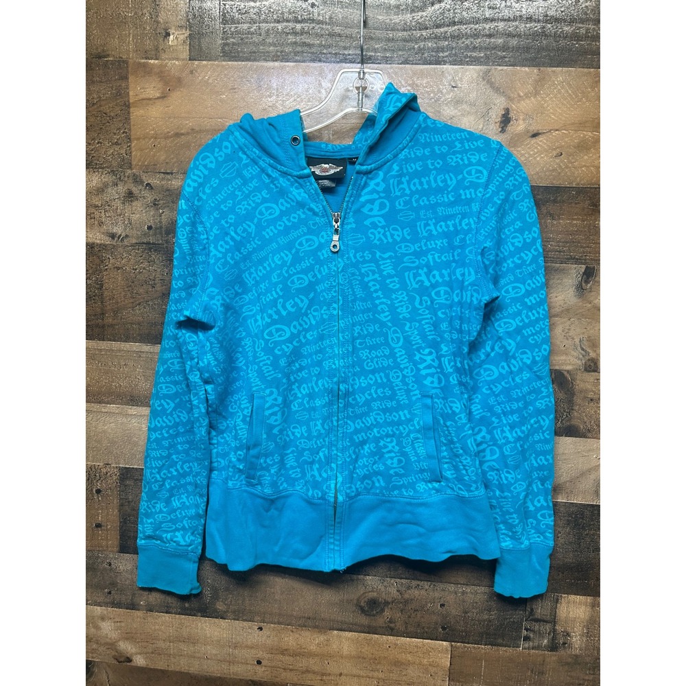 Harley Davidson Womens Turquoise Graphic All Over Logo‎ Zip Up Hoodie Jacket M